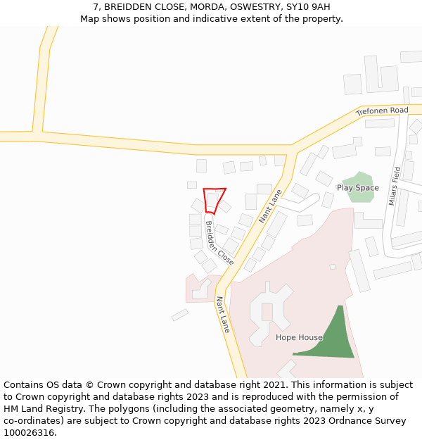 7, BREIDDEN CLOSE, MORDA, OSWESTRY, SY10 9AH: Location map and indicative extent of plot