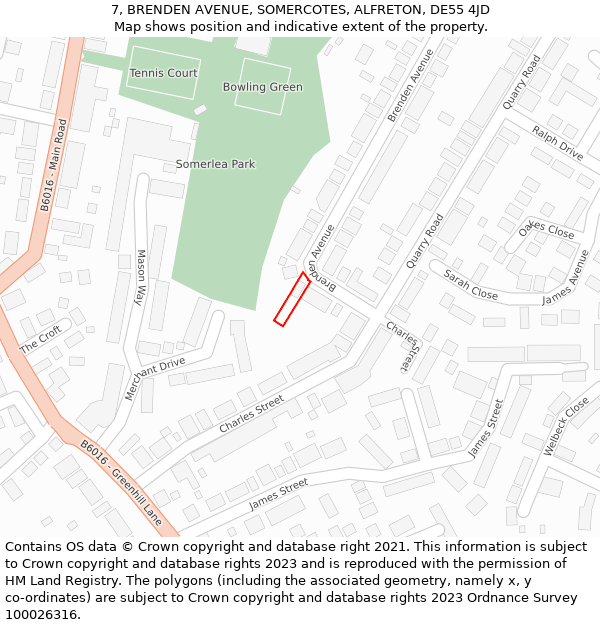 7, BRENDEN AVENUE, SOMERCOTES, ALFRETON, DE55 4JD: Location map and indicative extent of plot