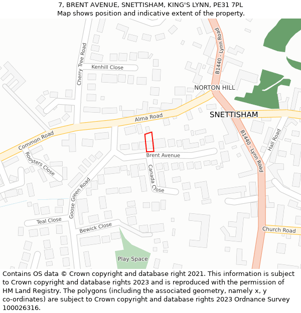 7, BRENT AVENUE, SNETTISHAM, KING'S LYNN, PE31 7PL: Location map and indicative extent of plot