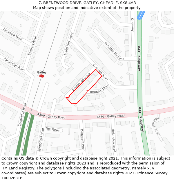 7, BRENTWOOD DRIVE, GATLEY, CHEADLE, SK8 4AR: Location map and indicative extent of plot