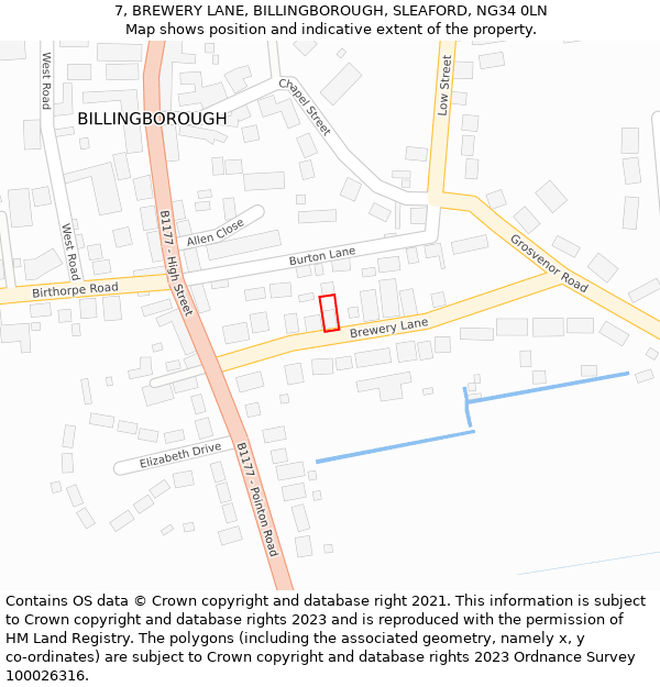 7, BREWERY LANE, BILLINGBOROUGH, SLEAFORD, NG34 0LN: Location map and indicative extent of plot