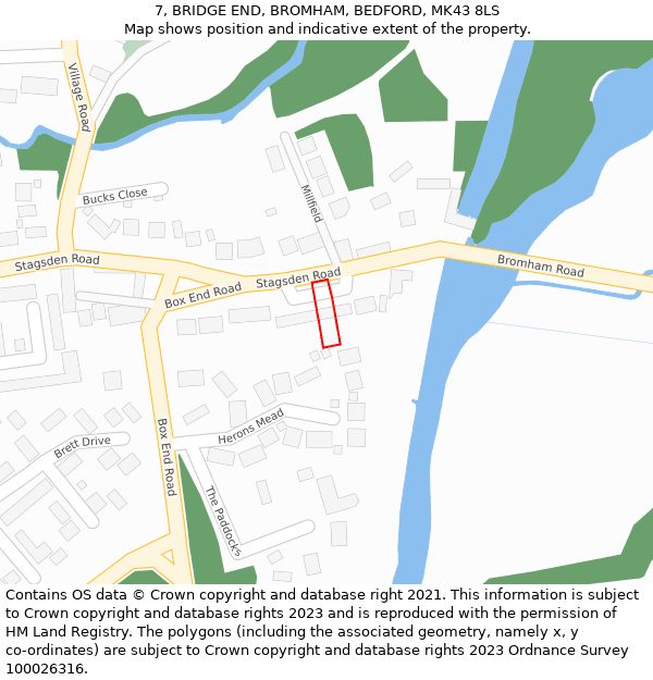 7, BRIDGE END, BROMHAM, BEDFORD, MK43 8LS: Location map and indicative extent of plot