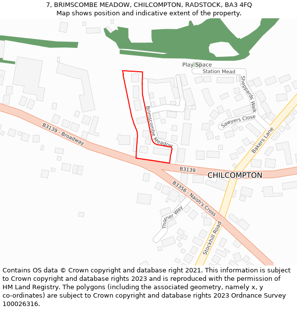 7, BRIMSCOMBE MEADOW, CHILCOMPTON, RADSTOCK, BA3 4FQ: Location map and indicative extent of plot