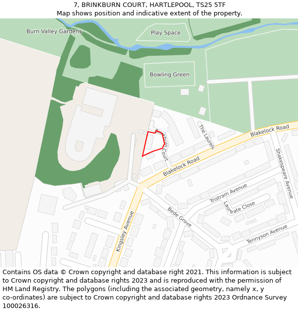 7, BRINKBURN COURT, HARTLEPOOL, TS25 5TF: Location map and indicative extent of plot