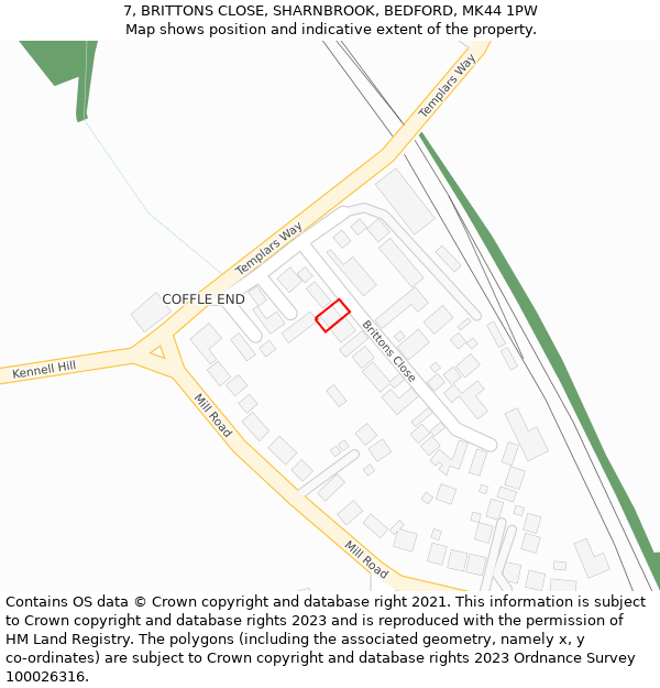 7, BRITTONS CLOSE, SHARNBROOK, BEDFORD, MK44 1PW: Location map and indicative extent of plot