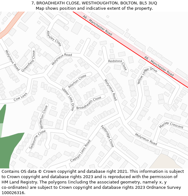 7, BROADHEATH CLOSE, WESTHOUGHTON, BOLTON, BL5 3UQ: Location map and indicative extent of plot