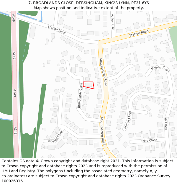 7, BROADLANDS CLOSE, DERSINGHAM, KING'S LYNN, PE31 6YS: Location map and indicative extent of plot