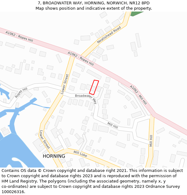 7, BROADWATER WAY, HORNING, NORWICH, NR12 8PD: Location map and indicative extent of plot