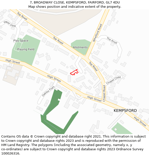 7, BROADWAY CLOSE, KEMPSFORD, FAIRFORD, GL7 4DU: Location map and indicative extent of plot