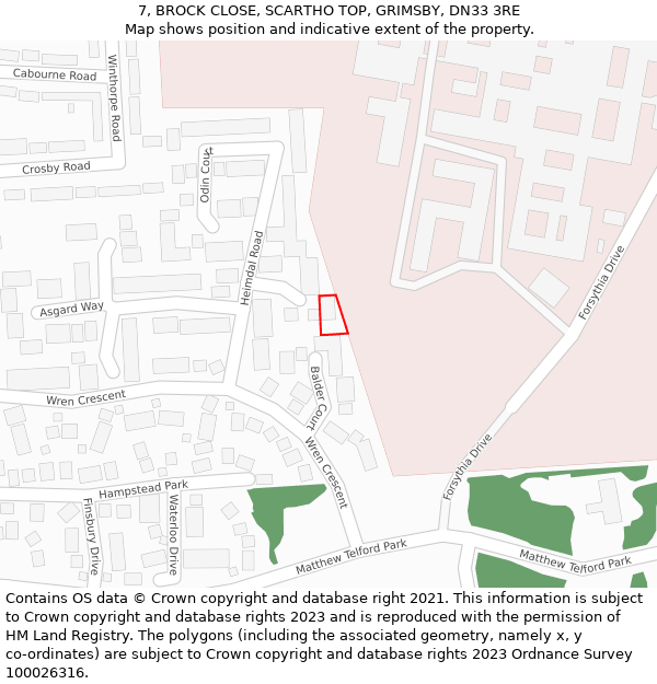 7, BROCK CLOSE, SCARTHO TOP, GRIMSBY, DN33 3RE: Location map and indicative extent of plot