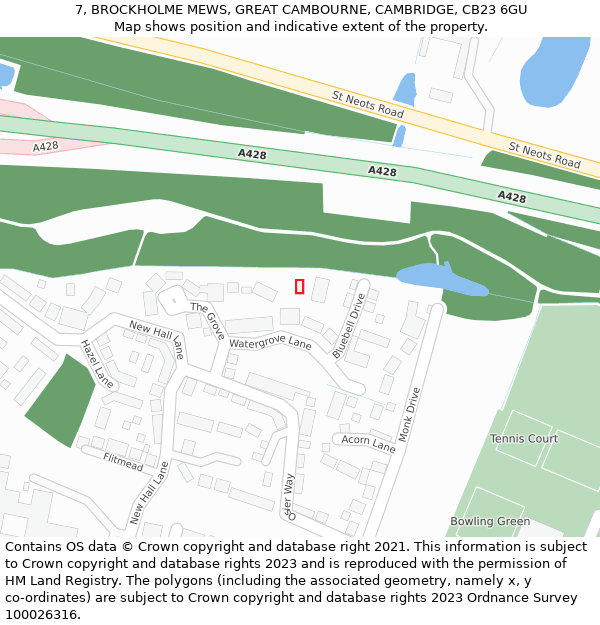 7, BROCKHOLME MEWS, GREAT CAMBOURNE, CAMBRIDGE, CB23 6GU: Location map and indicative extent of plot