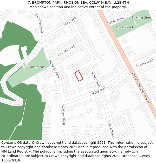 7, BROMPTON PARK, RHOS ON SEA, COLWYN BAY, LL28 4TN: Location map and indicative extent of plot