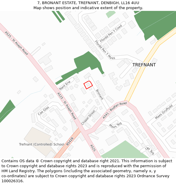 7, BRONANT ESTATE, TREFNANT, DENBIGH, LL16 4UU: Location map and indicative extent of plot