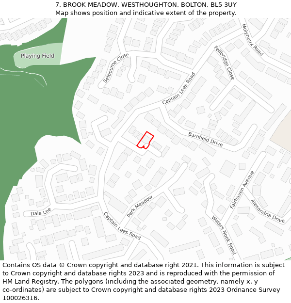 7, BROOK MEADOW, WESTHOUGHTON, BOLTON, BL5 3UY: Location map and indicative extent of plot