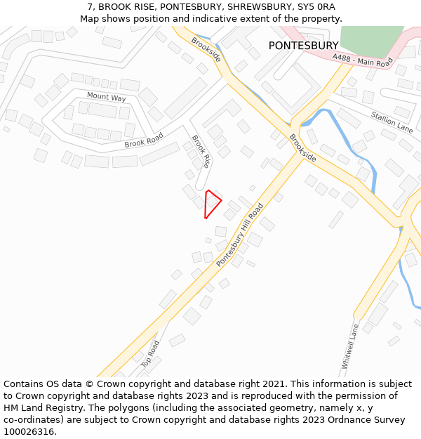 7, BROOK RISE, PONTESBURY, SHREWSBURY, SY5 0RA: Location map and indicative extent of plot