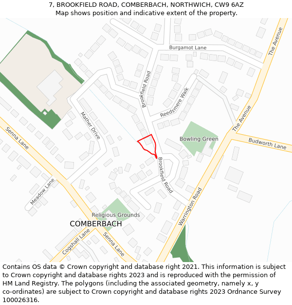 7, BROOKFIELD ROAD, COMBERBACH, NORTHWICH, CW9 6AZ: Location map and indicative extent of plot