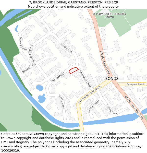 7, BROOKLANDS DRIVE, GARSTANG, PRESTON, PR3 1QP: Location map and indicative extent of plot