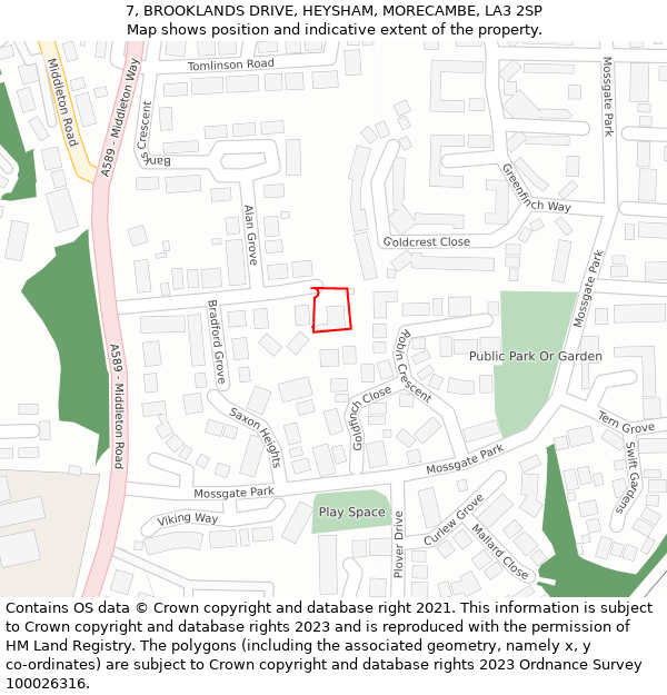 7, BROOKLANDS DRIVE, HEYSHAM, MORECAMBE, LA3 2SP: Location map and indicative extent of plot