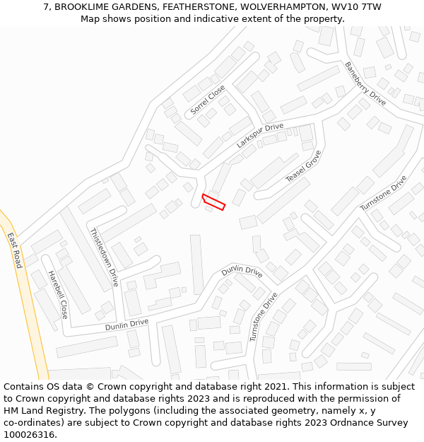 7, BROOKLIME GARDENS, FEATHERSTONE, WOLVERHAMPTON, WV10 7TW: Location map and indicative extent of plot