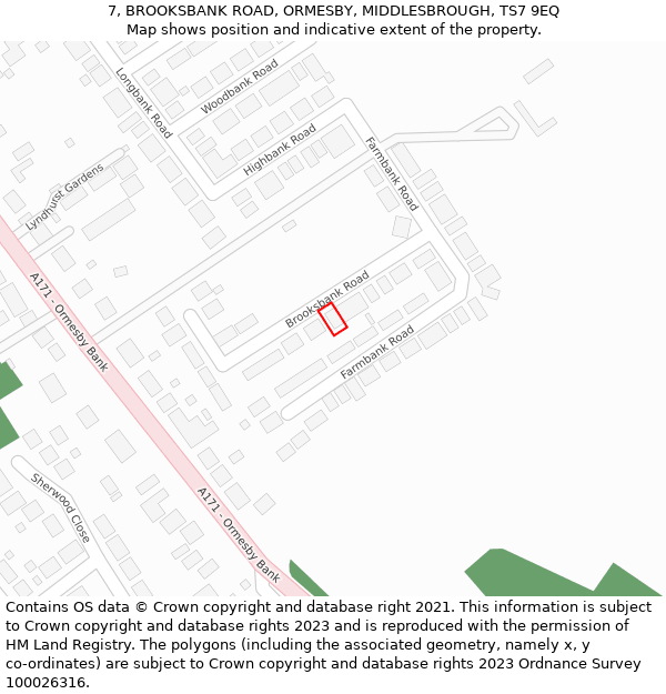 7, BROOKSBANK ROAD, ORMESBY, MIDDLESBROUGH, TS7 9EQ: Location map and indicative extent of plot