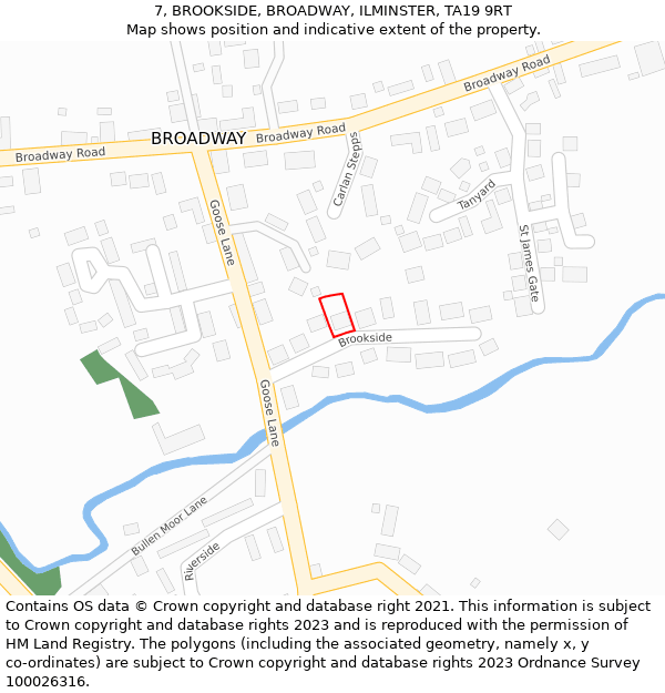 7, BROOKSIDE, BROADWAY, ILMINSTER, TA19 9RT: Location map and indicative extent of plot