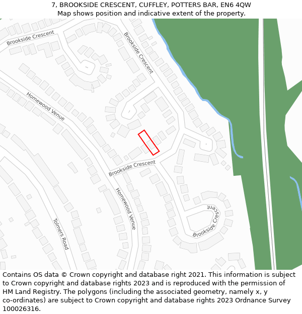 7, BROOKSIDE CRESCENT, CUFFLEY, POTTERS BAR, EN6 4QW: Location map and indicative extent of plot