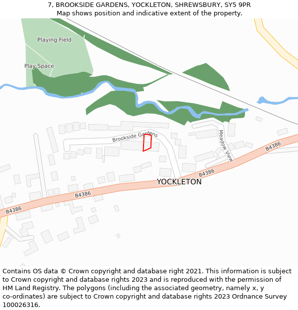 7, BROOKSIDE GARDENS, YOCKLETON, SHREWSBURY, SY5 9PR: Location map and indicative extent of plot