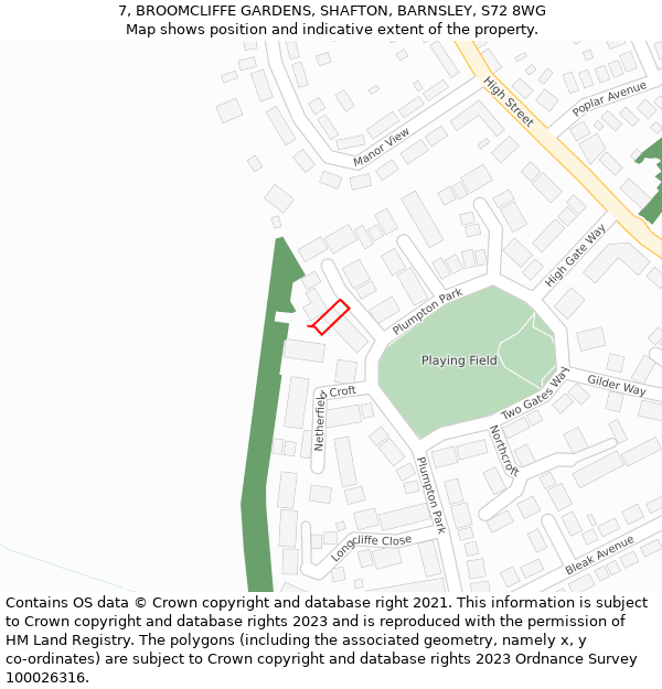 7, BROOMCLIFFE GARDENS, SHAFTON, BARNSLEY, S72 8WG: Location map and indicative extent of plot