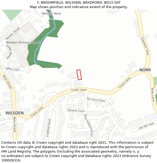 7, BROOMFIELD, WILSDEN, BRADFORD, BD15 0AT: Location map and indicative extent of plot