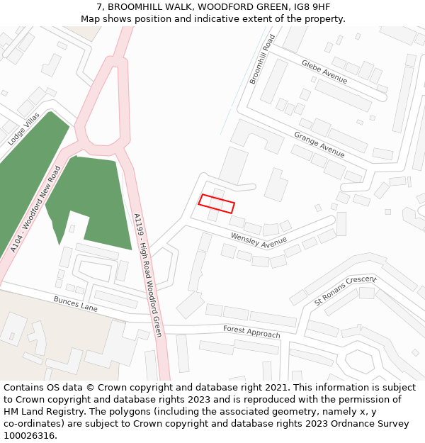 7, BROOMHILL WALK, WOODFORD GREEN, IG8 9HF: Location map and indicative extent of plot