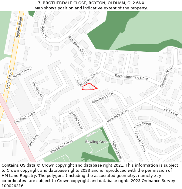 7, BROTHERDALE CLOSE, ROYTON, OLDHAM, OL2 6NX: Location map and indicative extent of plot