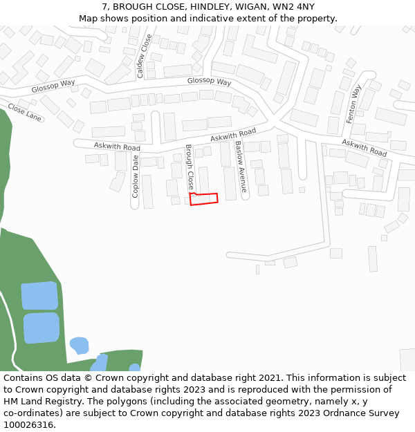 7, BROUGH CLOSE, HINDLEY, WIGAN, WN2 4NY: Location map and indicative extent of plot