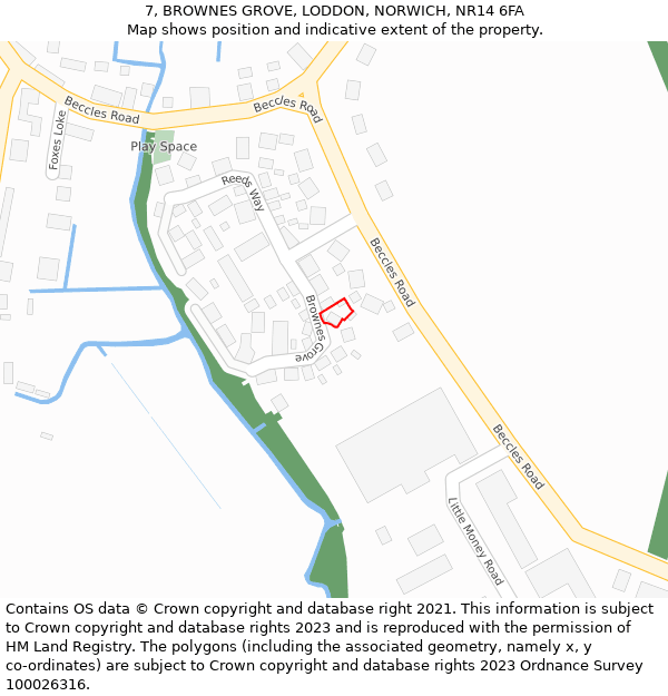 7, BROWNES GROVE, LODDON, NORWICH, NR14 6FA: Location map and indicative extent of plot