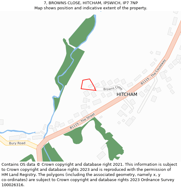 7, BROWNS CLOSE, HITCHAM, IPSWICH, IP7 7NP: Location map and indicative extent of plot