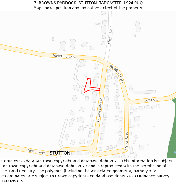 7, BROWNS PADDOCK, STUTTON, TADCASTER, LS24 9UQ: Location map and indicative extent of plot