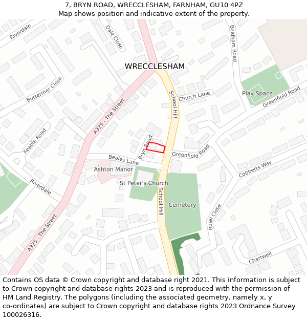 7, BRYN ROAD, WRECCLESHAM, FARNHAM, GU10 4PZ: Location map and indicative extent of plot