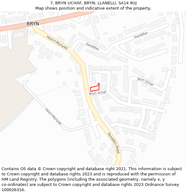 7, BRYN UCHAF, BRYN, LLANELLI, SA14 9UJ: Location map and indicative extent of plot