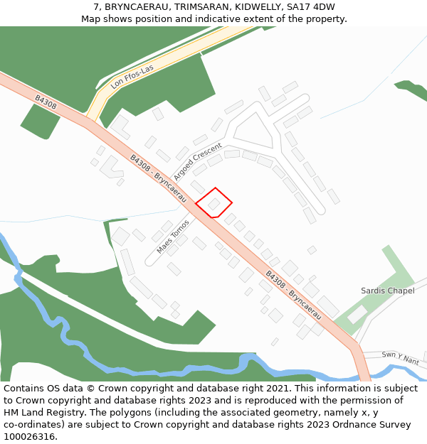 7, BRYNCAERAU, TRIMSARAN, KIDWELLY, SA17 4DW: Location map and indicative extent of plot