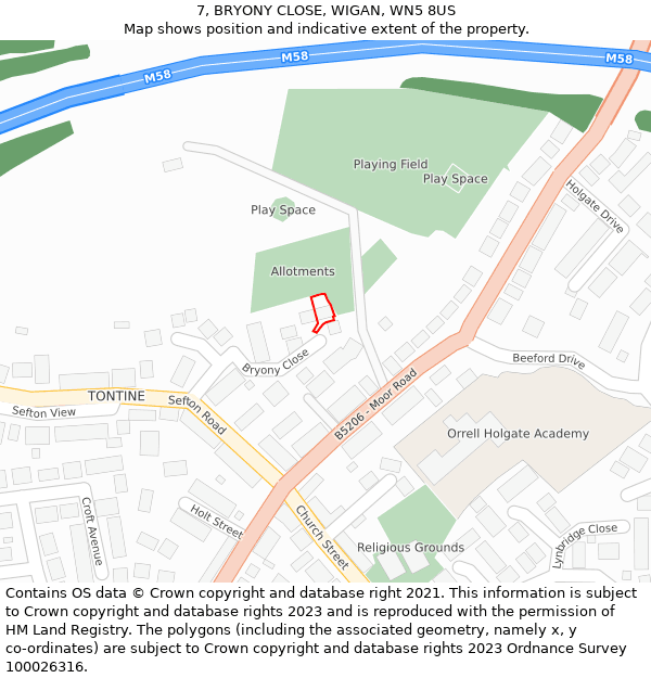 7, BRYONY CLOSE, WIGAN, WN5 8US: Location map and indicative extent of plot