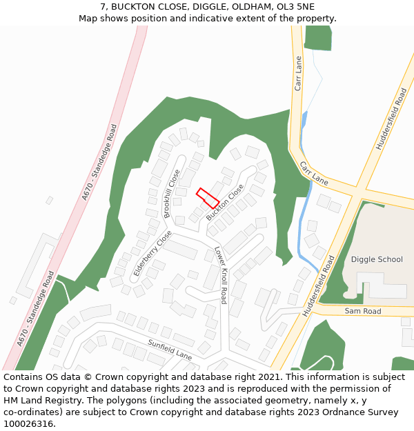 7, BUCKTON CLOSE, DIGGLE, OLDHAM, OL3 5NE: Location map and indicative extent of plot