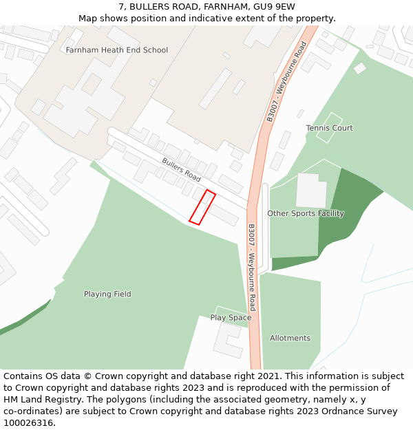7, BULLERS ROAD, FARNHAM, GU9 9EW: Location map and indicative extent of plot