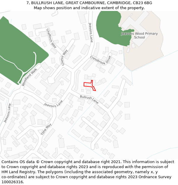 7, BULLRUSH LANE, GREAT CAMBOURNE, CAMBRIDGE, CB23 6BG: Location map and indicative extent of plot