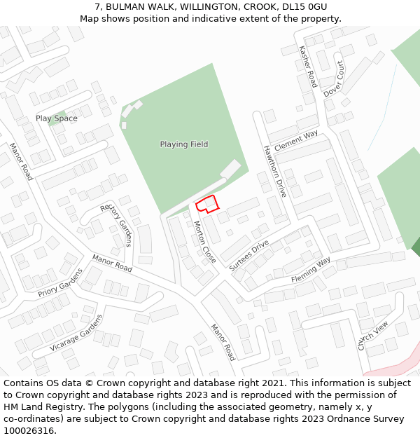 7, BULMAN WALK, WILLINGTON, CROOK, DL15 0GU: Location map and indicative extent of plot