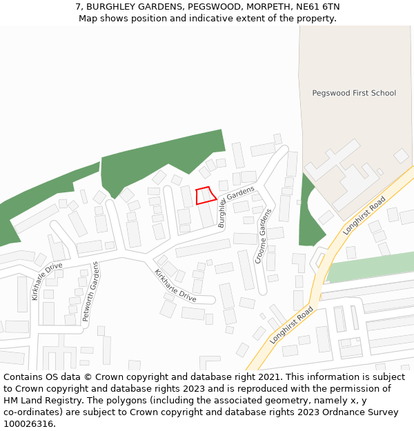 7, BURGHLEY GARDENS, PEGSWOOD, MORPETH, NE61 6TN: Location map and indicative extent of plot