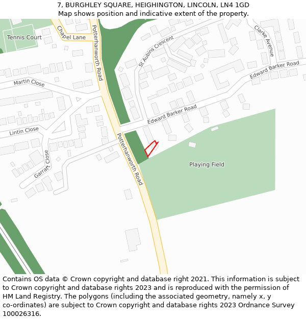 7, BURGHLEY SQUARE, HEIGHINGTON, LINCOLN, LN4 1GD: Location map and indicative extent of plot