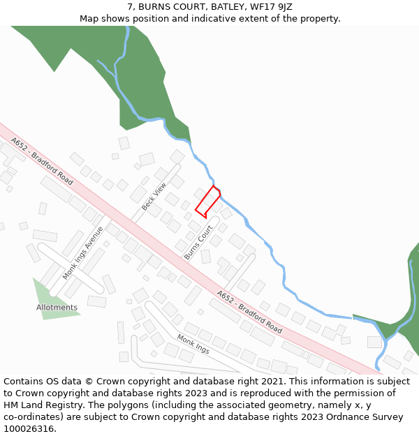 7, BURNS COURT, BATLEY, WF17 9JZ: Location map and indicative extent of plot