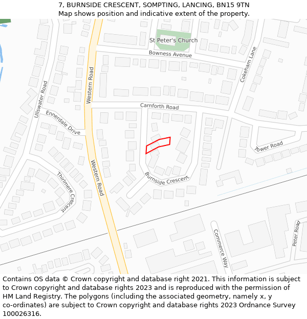 7, BURNSIDE CRESCENT, SOMPTING, LANCING, BN15 9TN: Location map and indicative extent of plot