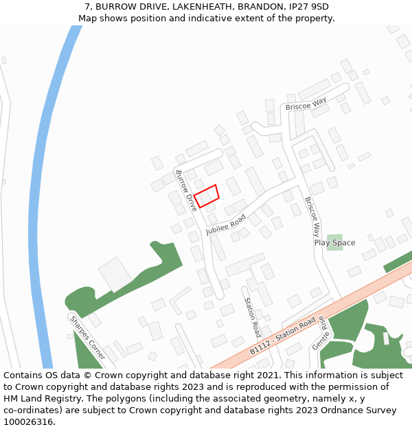 7, BURROW DRIVE, LAKENHEATH, BRANDON, IP27 9SD: Location map and indicative extent of plot