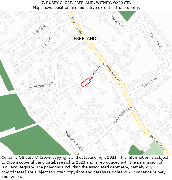 7, BUSBY CLOSE, FREELAND, WITNEY, OX29 8TA: Location map and indicative extent of plot