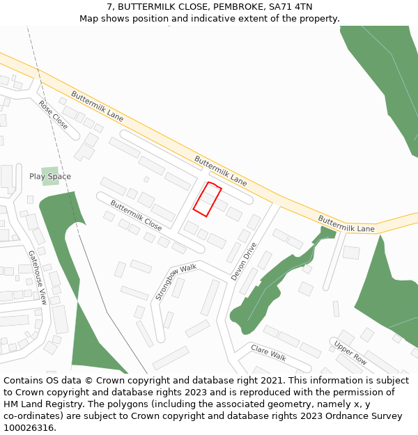 7, BUTTERMILK CLOSE, PEMBROKE, SA71 4TN: Location map and indicative extent of plot